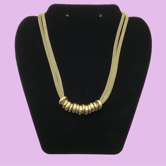 Mesh Chain With Gold Rings Double Strand Statement Necklace - Picture 3 of 9